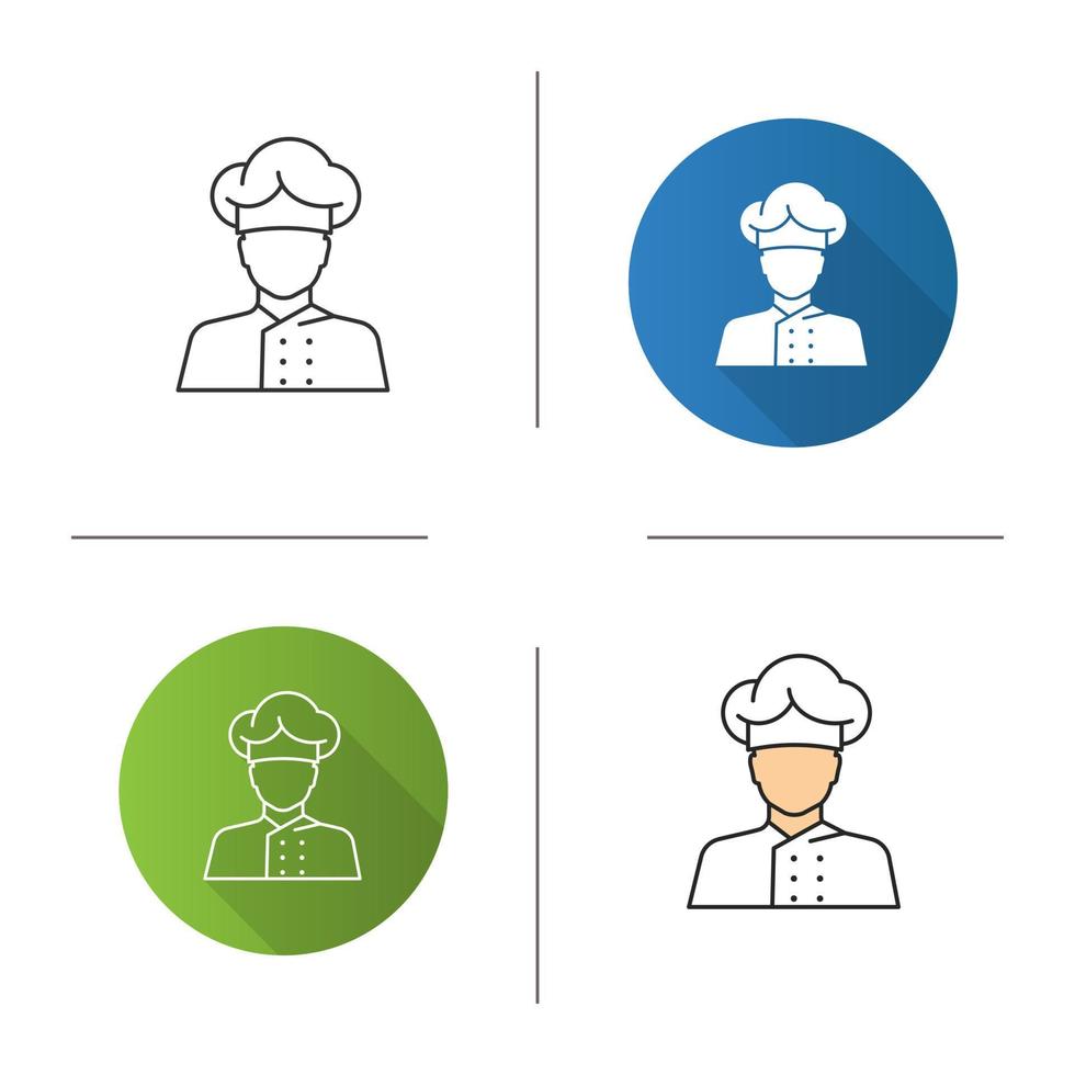 Chef cook icon. Flat design, linear and color styles. Kitchen worker. Isolated vector illustrations