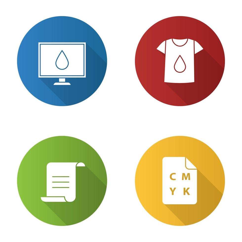 Printing flat design long shadow glyph icons set. Computer display calibration, t-shirt print, document, cmyk color model. Vector silhouette illustration