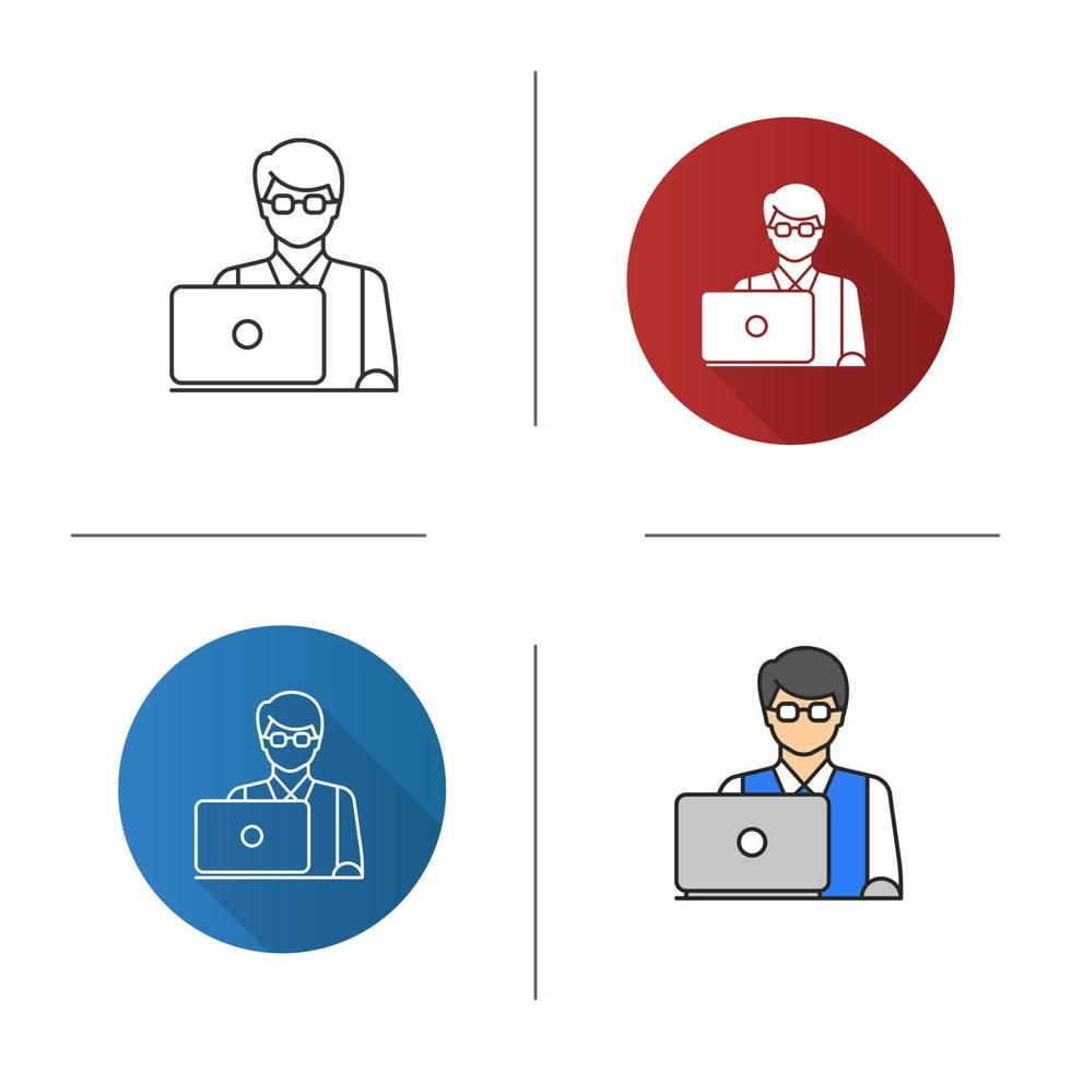 Programmer icon. Flat design, linear and color styles. IT technologist. Freelancer. Isolated vector illustrations