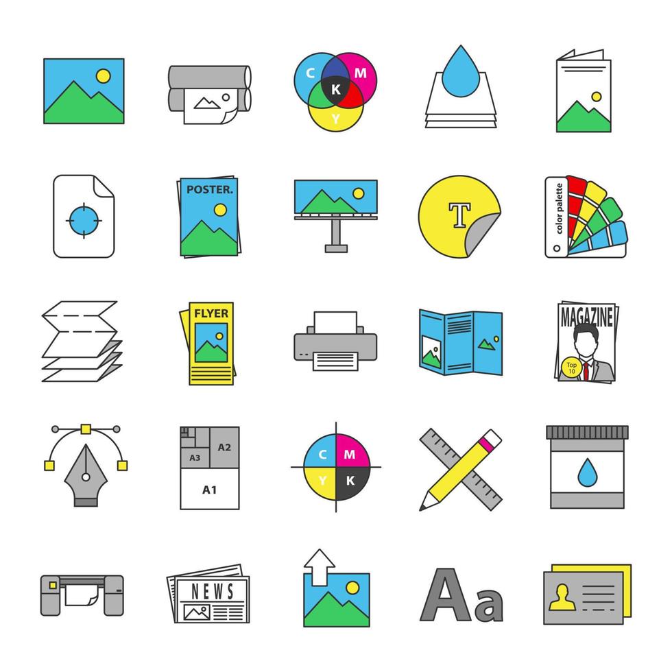 Printing color icons set. Polygraphy and typography. Posters, flyers, brochures, booklets templates. Isolated vector illustrations
