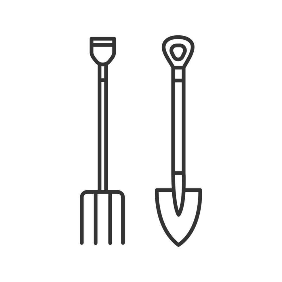 Pitchfork and shovel linear icon. Agricultural tools. Thin line illustration. Contour symbol. Vector isolated outline drawing