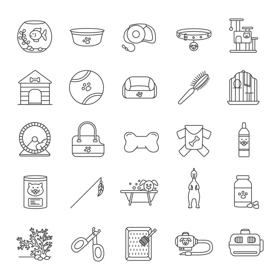 Pets supplies linear icons set. Domestic animals goods. Pets food, toys, accessories, houses. Thin line contour symbols. Isolated vector outline illustrations