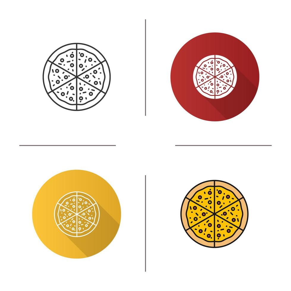 icono de pizza. Diseño plano, estilos lineales y de color. signo de pizzería. ilustraciones de vectores aislados