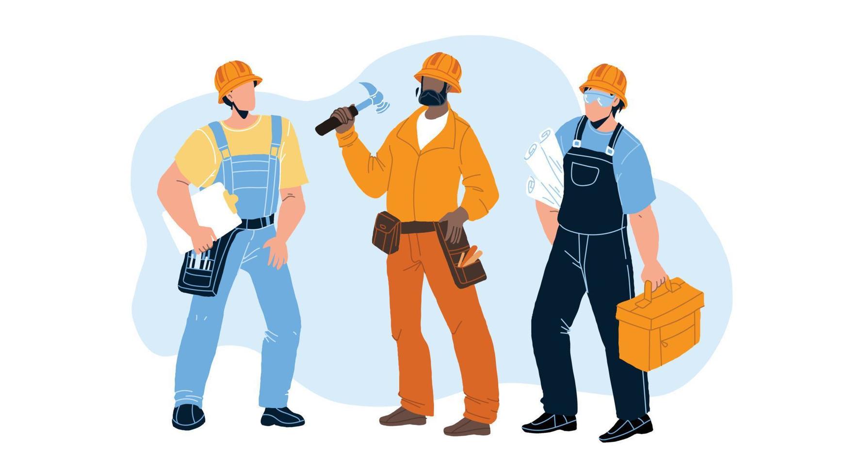 Builders With Building Equipment And Plan Vector