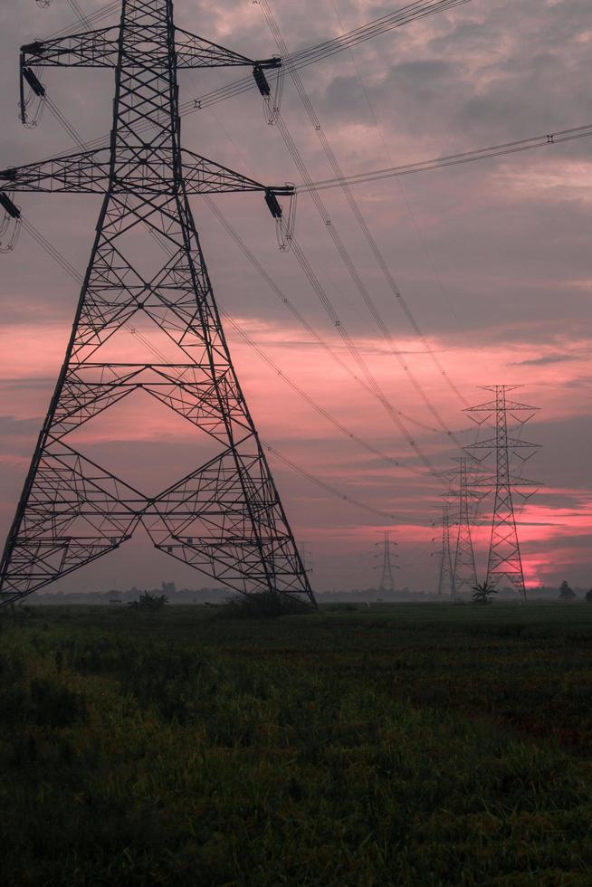 electric tower in the field at sunrise photo