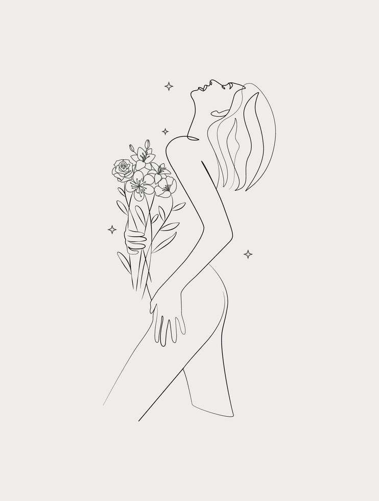Minimal Line Art Abstract Woman with Flowers Fashion Model Floral Girl Standing Vector Illustration