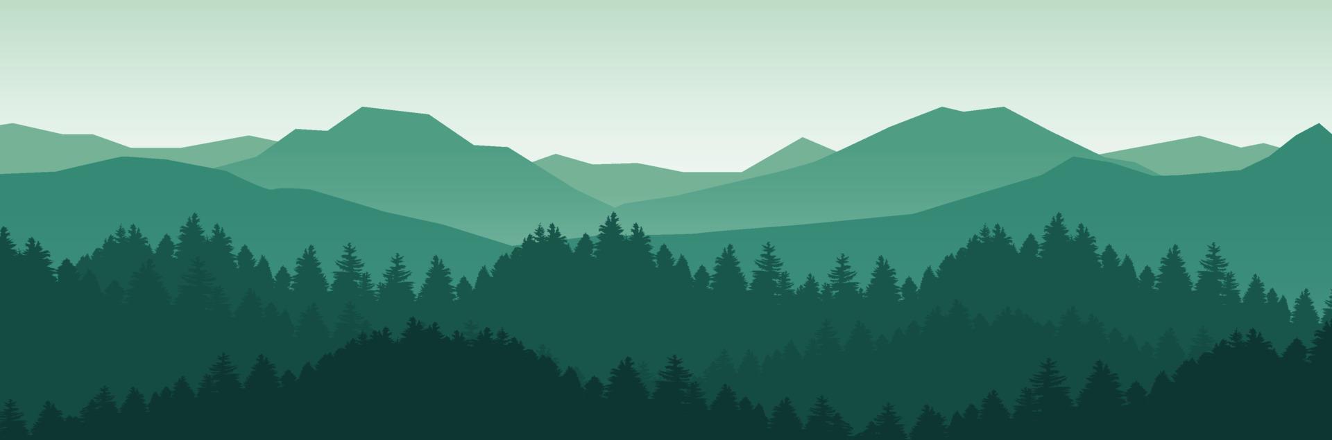 ilustración de vector de paisaje de montaña y bosque con amanecer y atardecer en las montañas