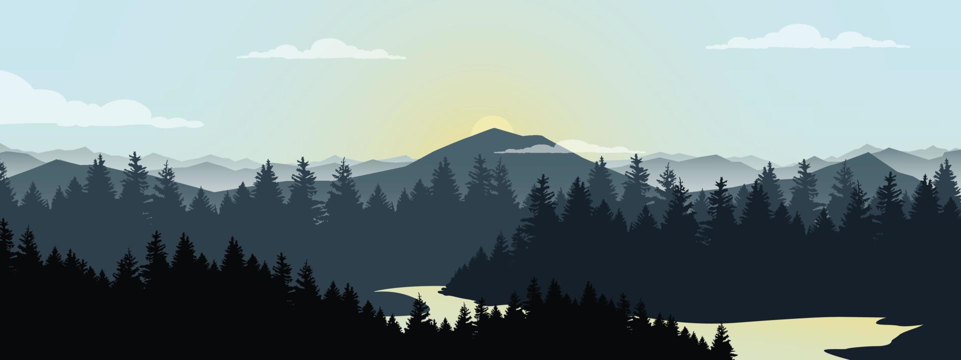 paisaje de montaña y lago de bosque al amanecer y al atardecer. vector