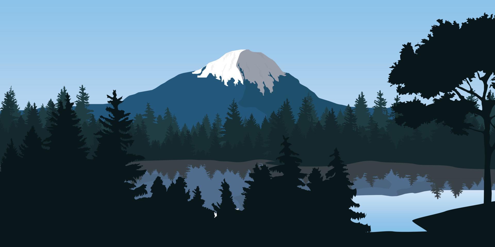 lake and mountains. silhouette of a tree. vector