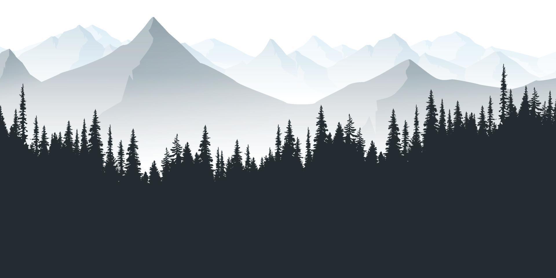 Vector illustration of a mountain landscape and pine trees in the morning or evening.