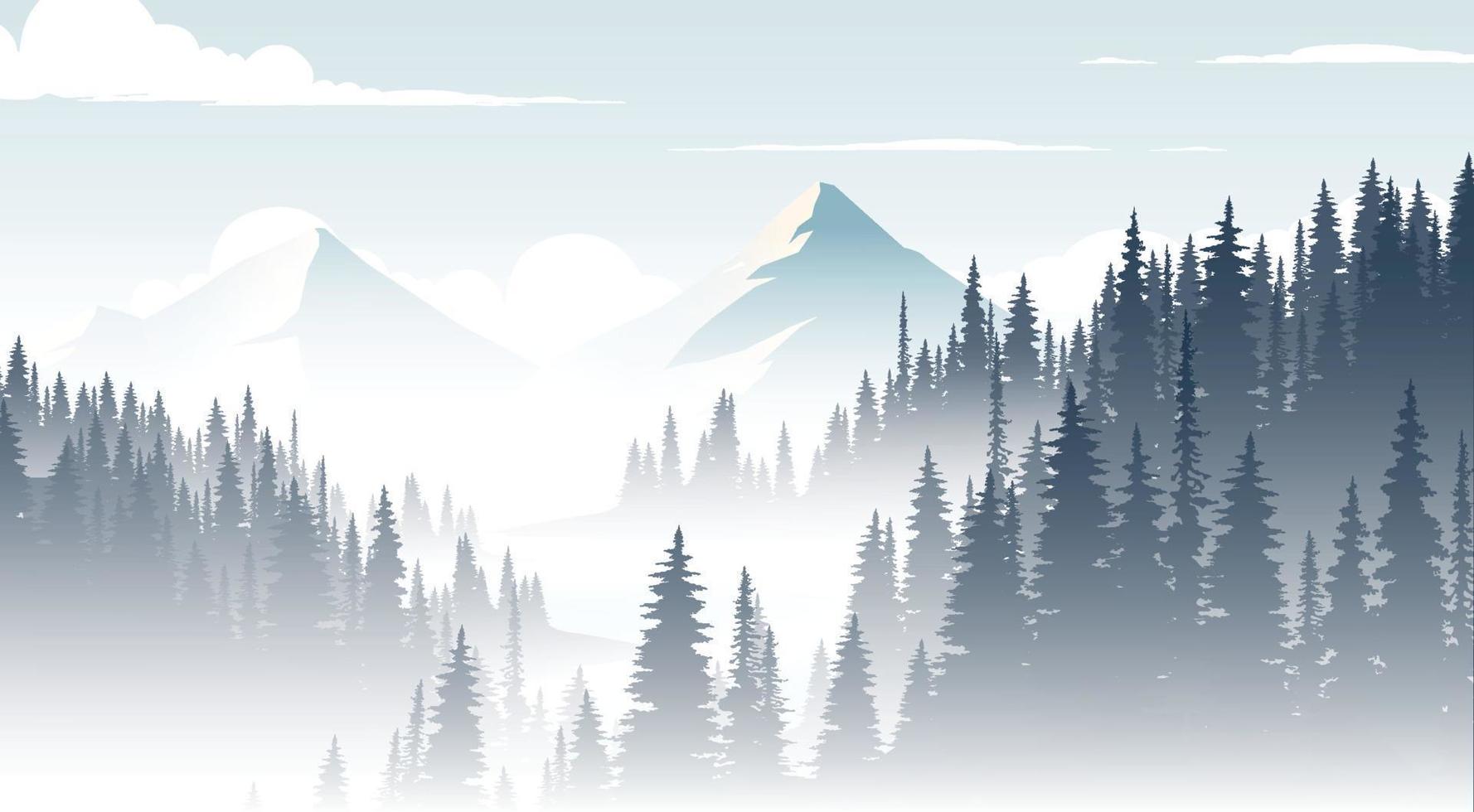 paisaje de montañas y bosques de pinos la niebla está por encima de las montañas. vector
