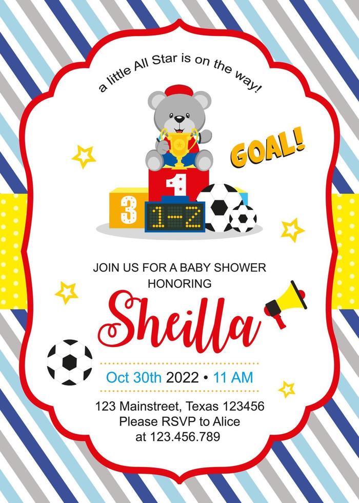 baby shower card with cute bear football player vector