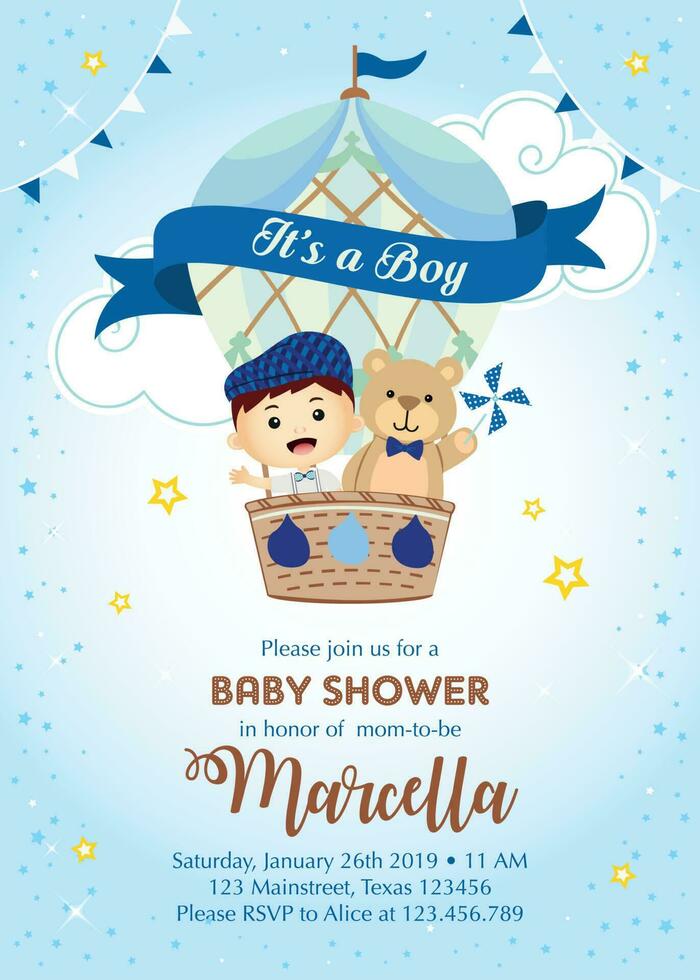 Hot air balloon with boy and bear Baby shower invitation vector