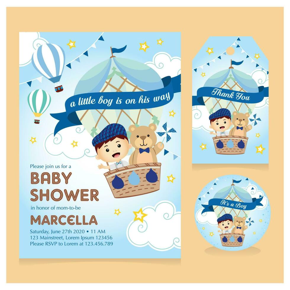 Hot air balloon with boy and bear Baby shower invitation set vector