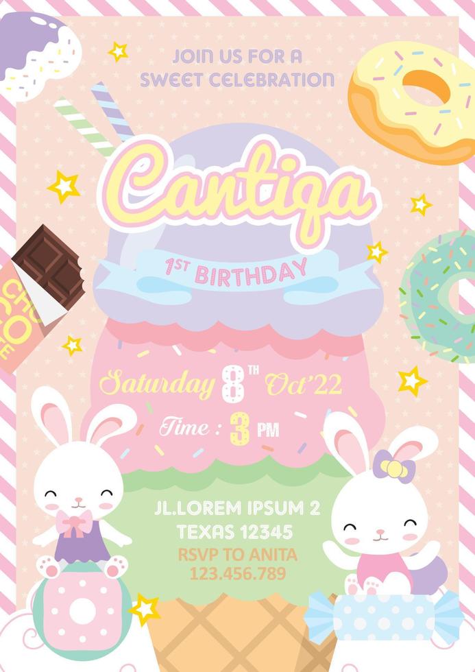 Ice cream Party Birthday Invitation with cute bunny vector