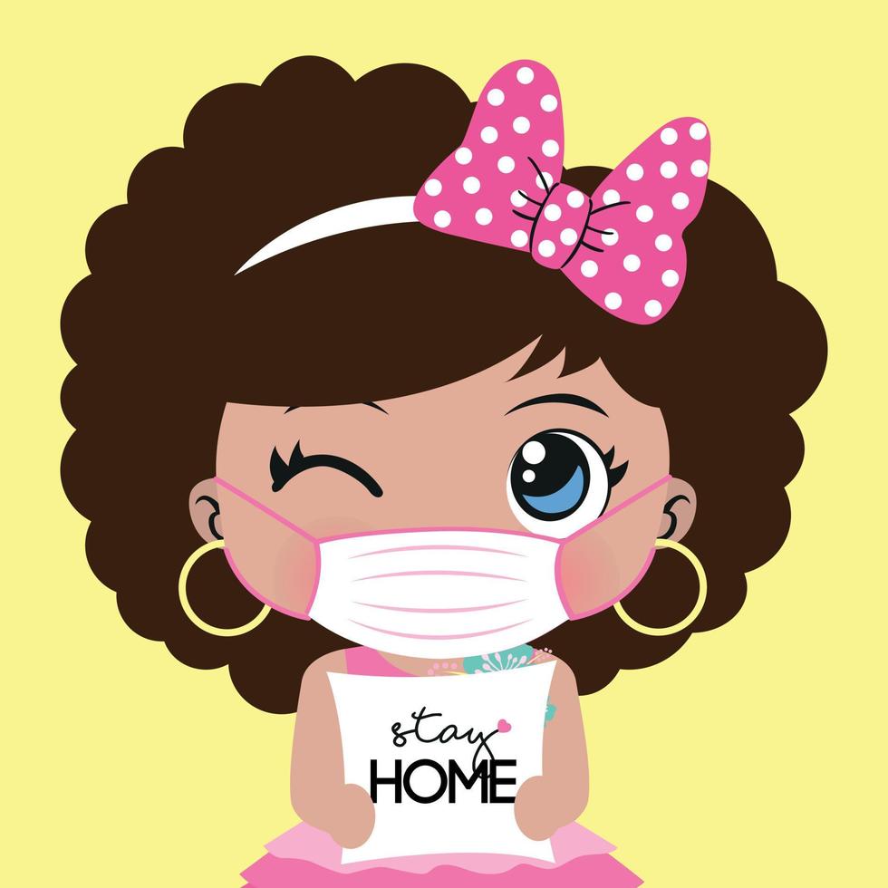 Cute black girl holding holding sign Stay Home , Stay Safe vector