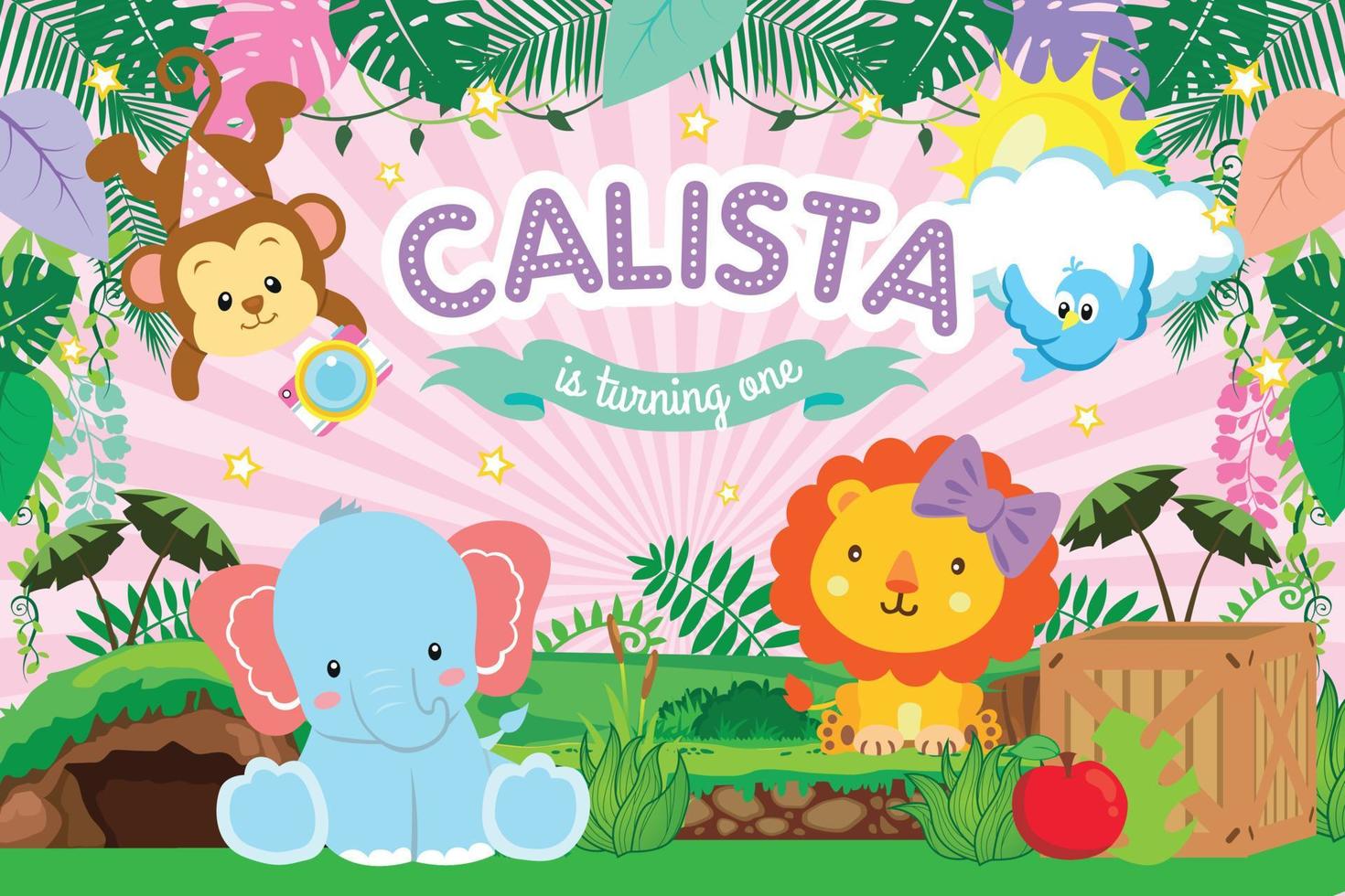 Cute jungle animals cartoon illustration with dinosaur girl and friends for party backdrop template vector