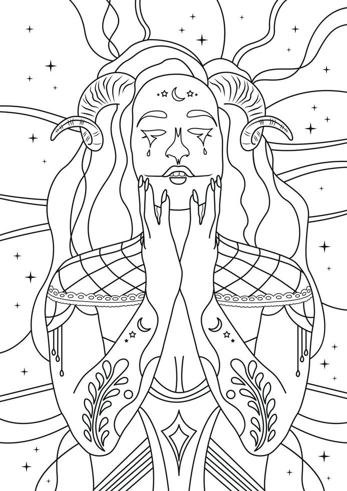 Coloring pages with demonic girl with ram horns. Coloring page for adults vector