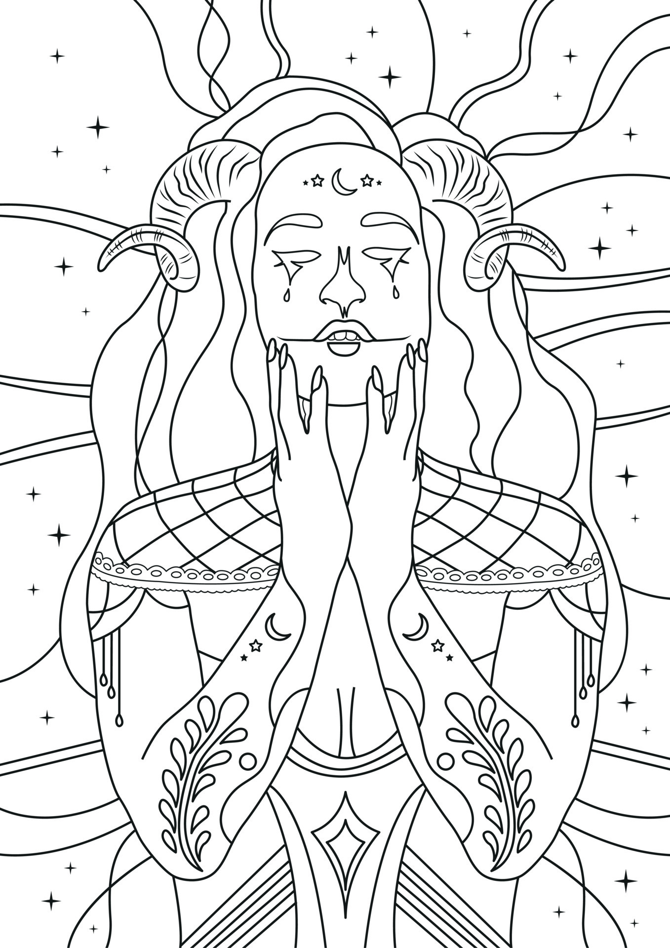 Coloring pages with demonic girl with ram horns. Coloring page for ...