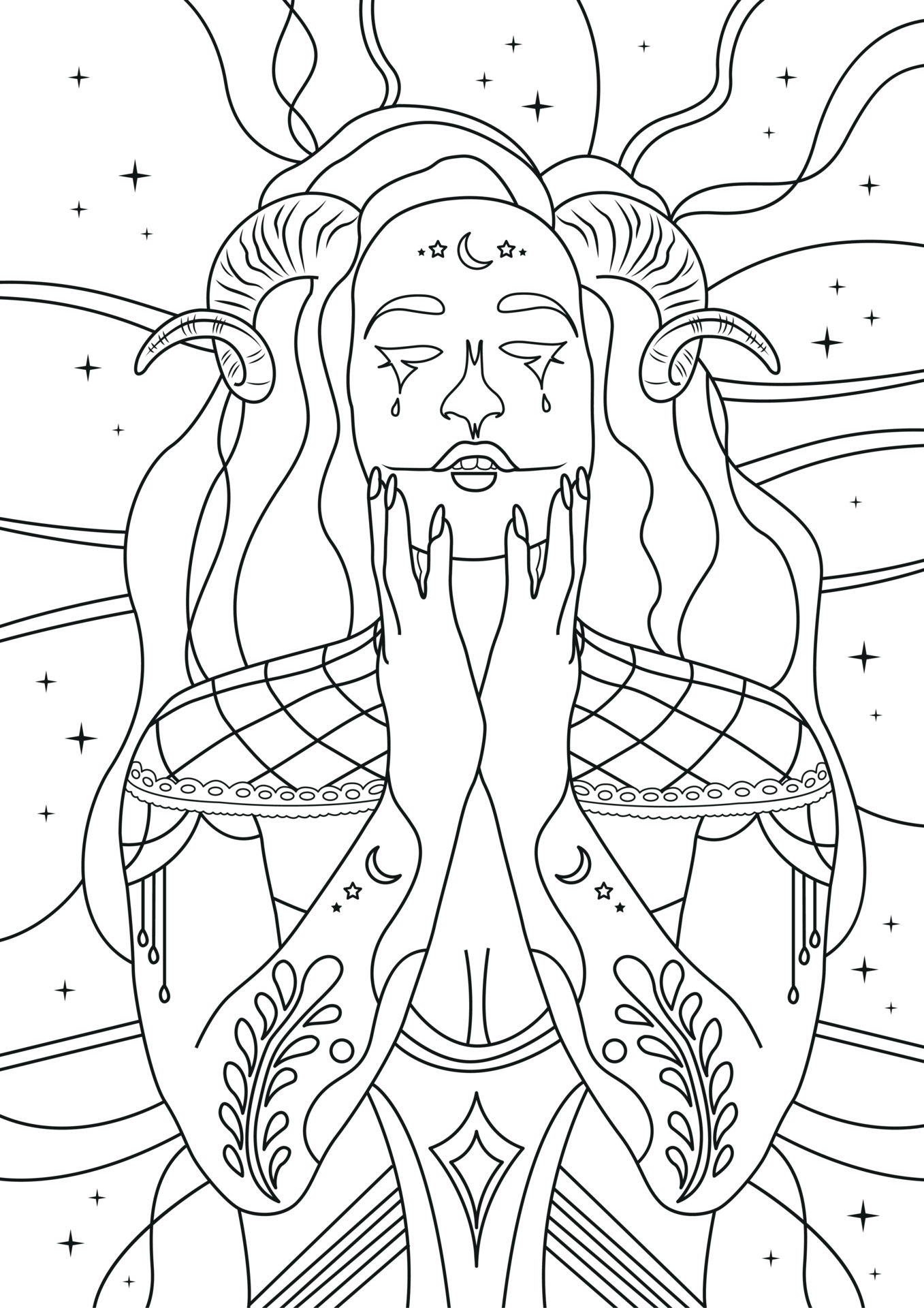 Coloring pages with demonic girl with ram horns. Coloring page for adults  8278090 Vector Art at Vecteezy