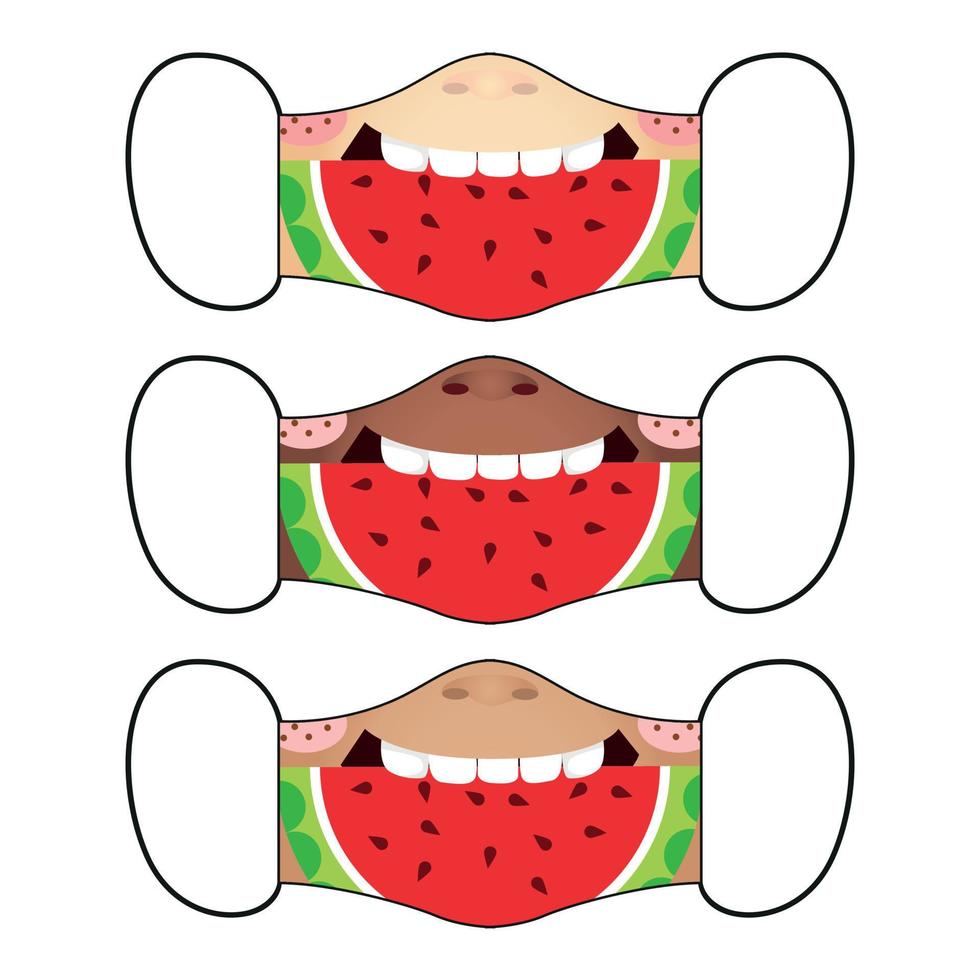 Set of reusable masks with cute kids eating watermelon slice vector