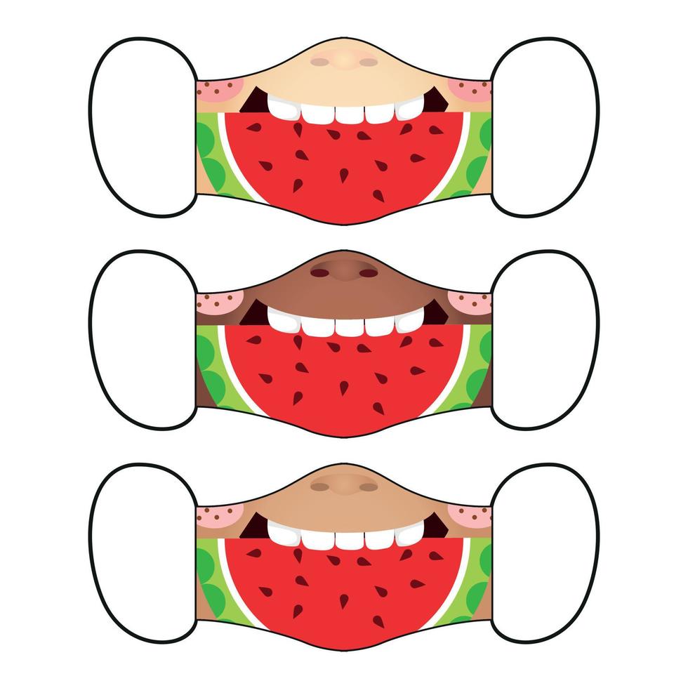 conjunto de máscaras reutilizables con niños lindos comiendo una rodaja de sandía vector