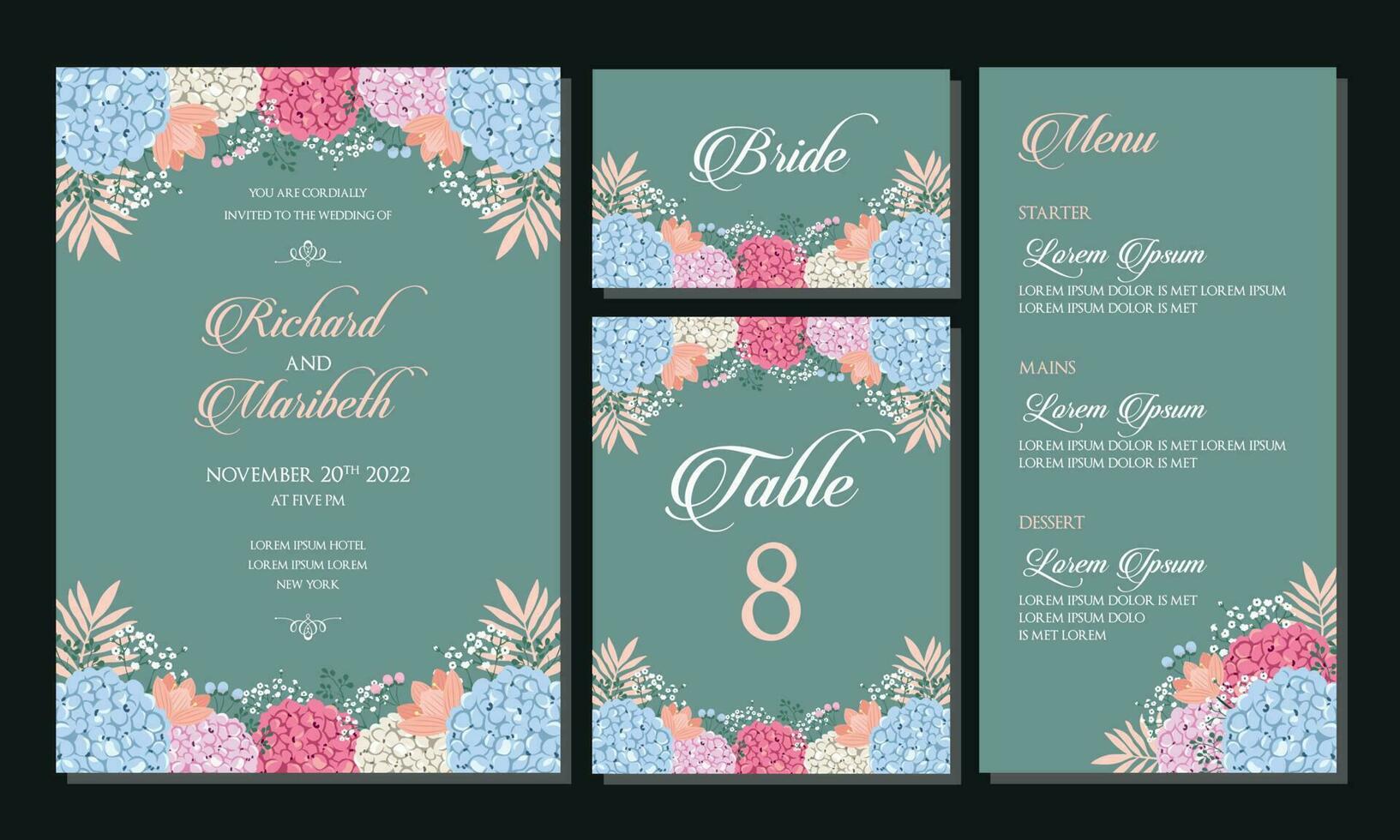 Floral wedding invitation template set vector