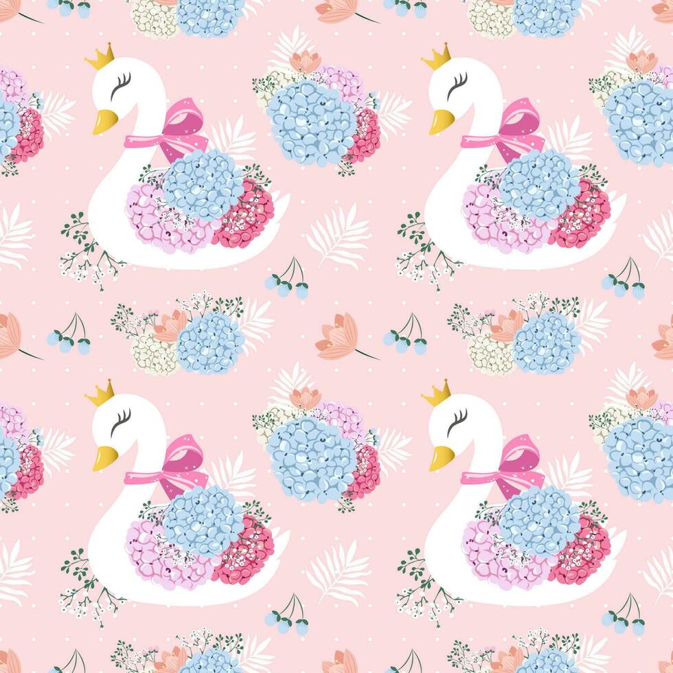Elegant swans with crown and flowers pattern Free Vector