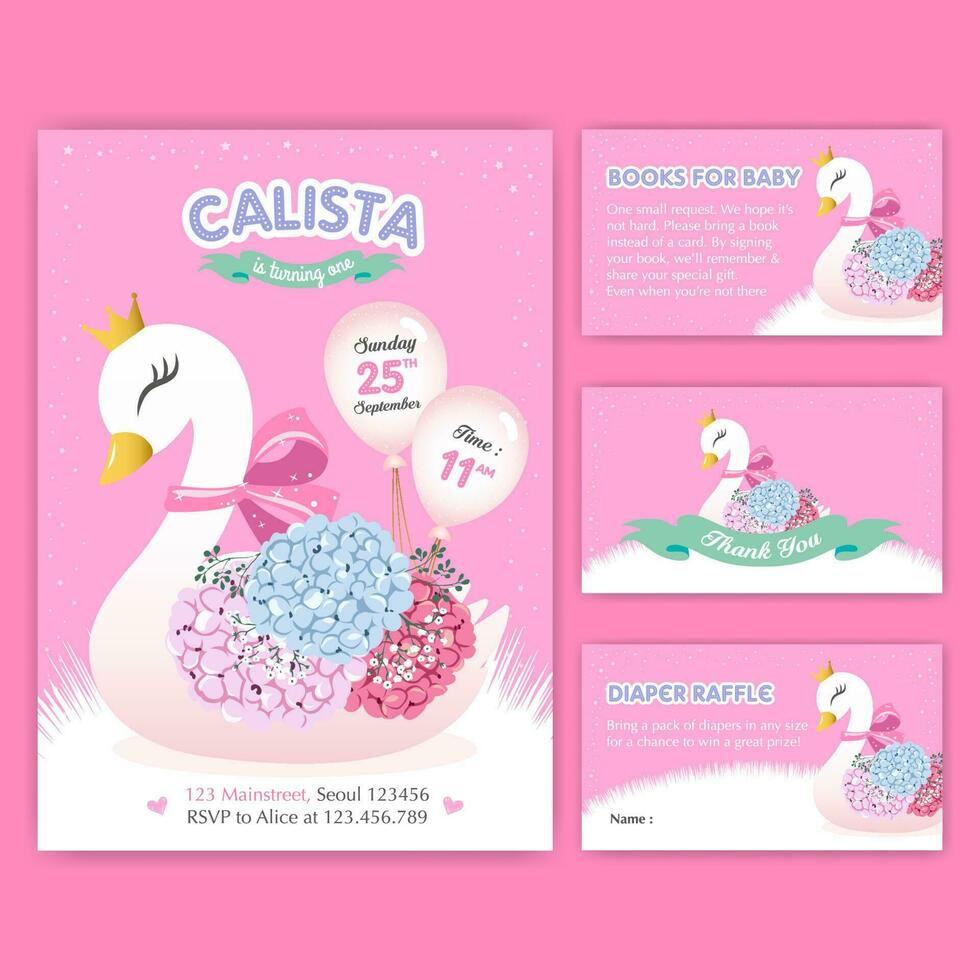 birthday invitation set with beautiful swan free vector