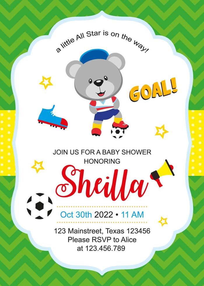 tarjeta de baby shower con lindo oso jugador de fútbol vector