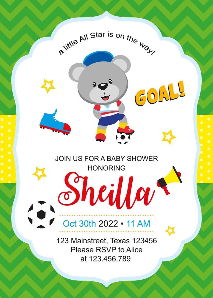 baby shower card with cute bear football player vector