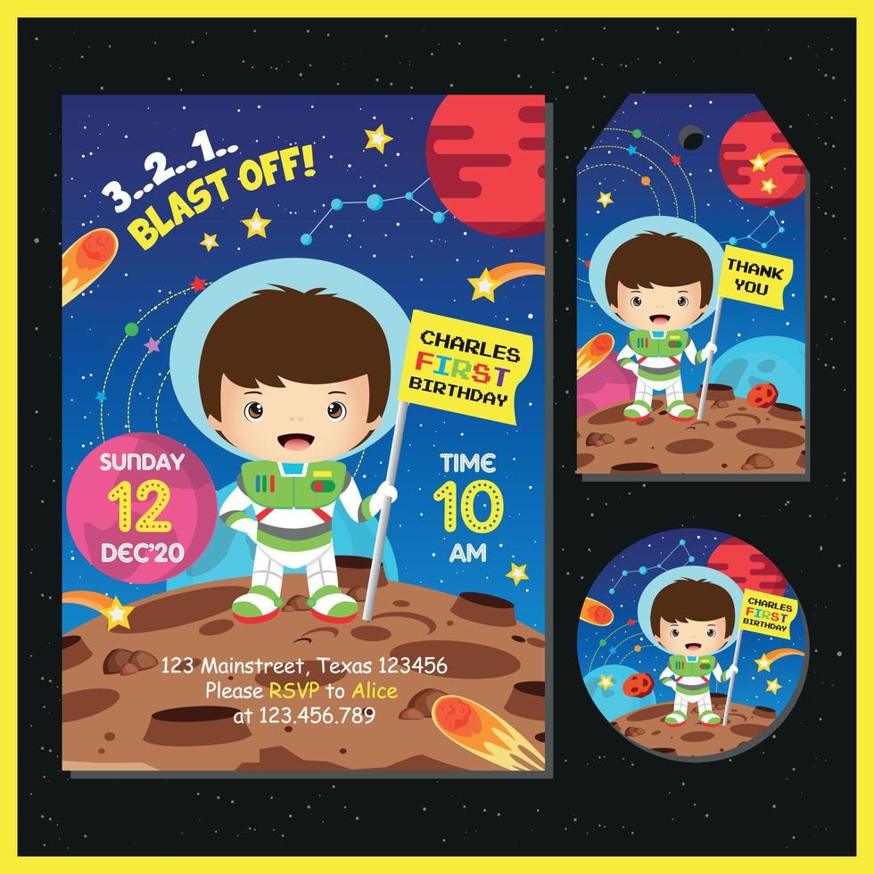 Astronaut birthday invitation set with Card, label and thank you tag vector