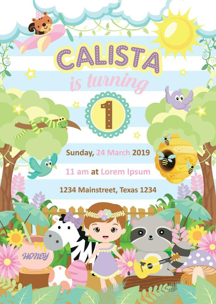 Birthday invitation with cute girl and friends in the forest vector