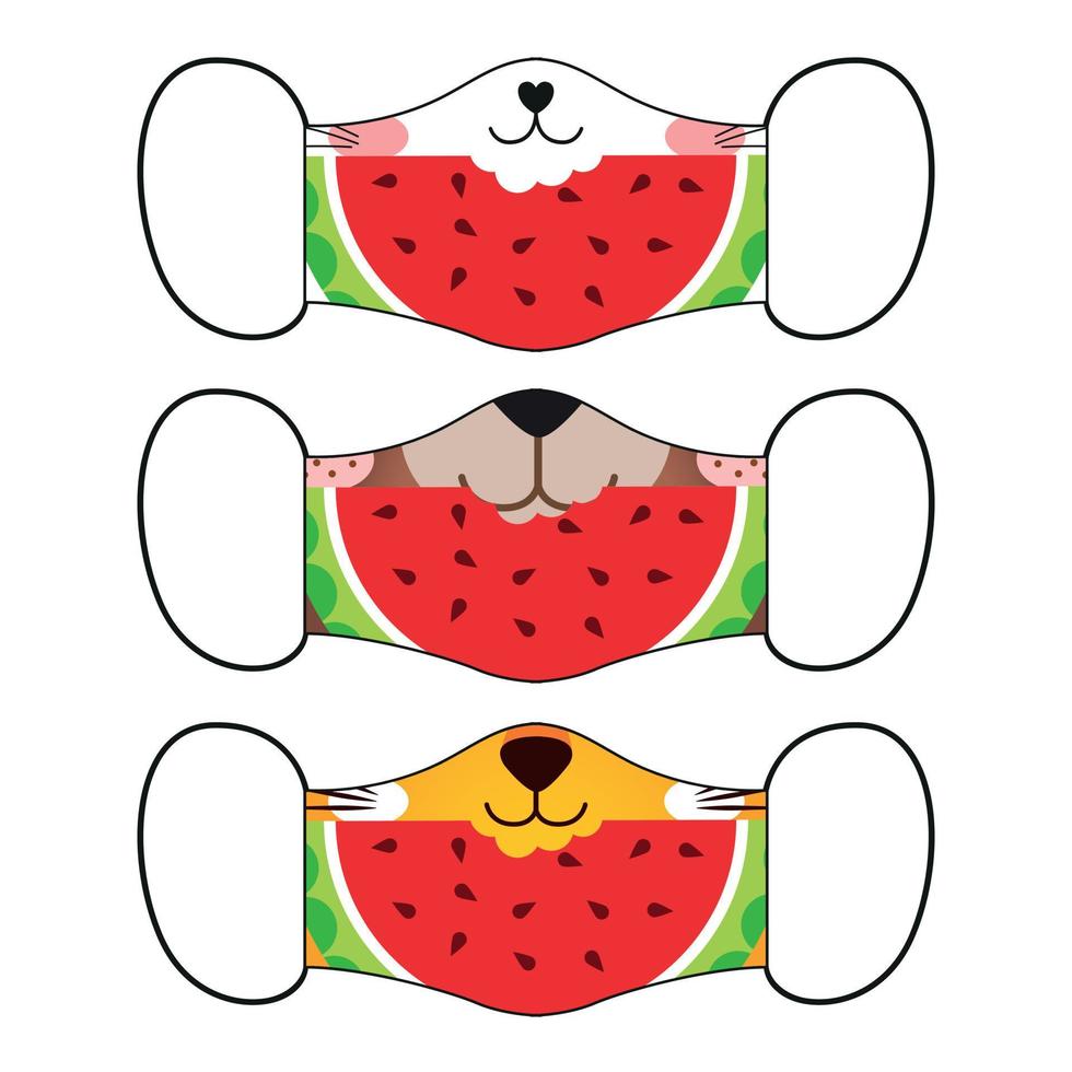 conjunto de máscaras reutilizables con lindos animales comiendo rebanadas de sandía. ilustración de mascarilla de verano vector