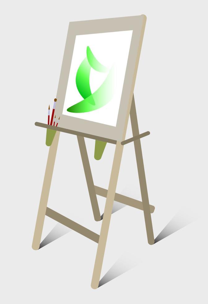 easel for painting with brushes and a glass of water in cartoon style. Isolated vector on white background