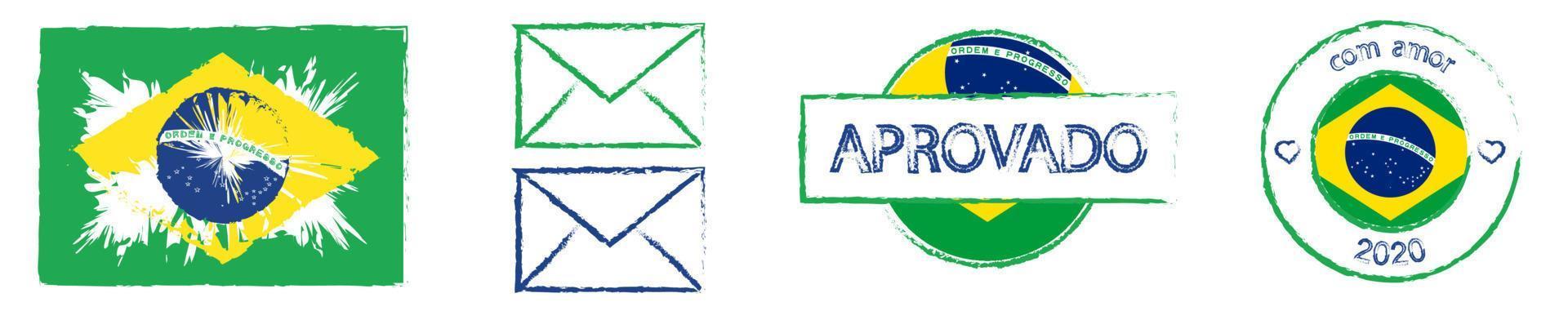 postal stamps in colors and with the symbols of Brazil flag. Delivery of greeting cards and letters. Isolated vector on white background
