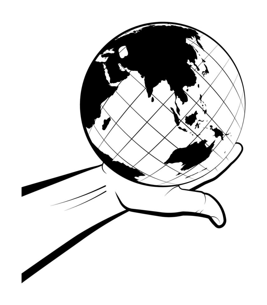 man holds the globe in the palm of his hand. Choosing a destination for travel. Global view of the world. Isolated vector on white background