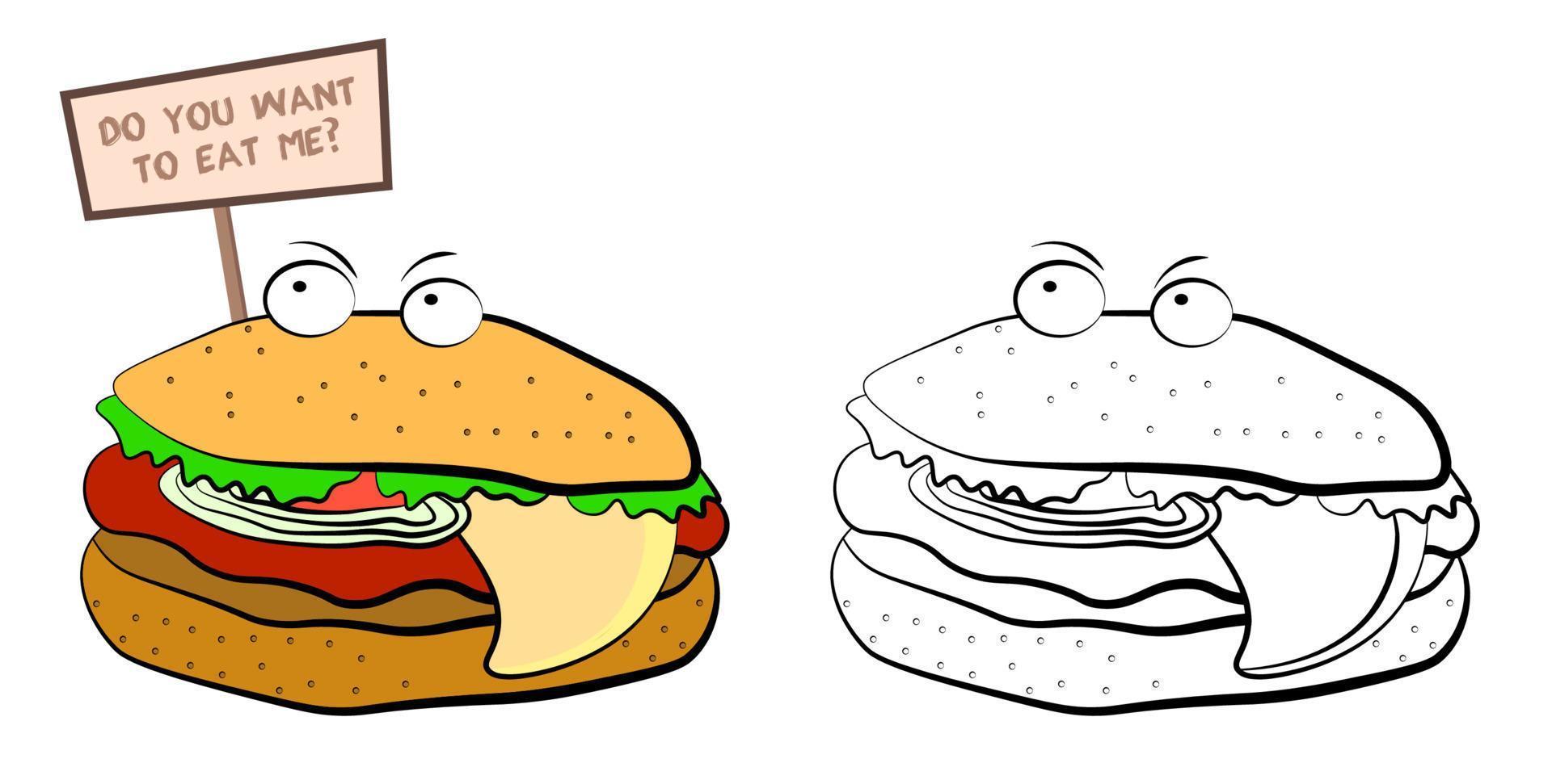 insidious angry burger in cartoon style with a sign DO YOU WANT TO EAT ME. The harm of fast food and convenience foods. Vector on a white background