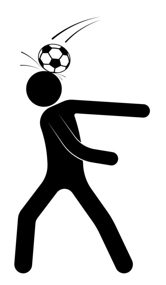 figura de palo, el hombre está jugando al fútbol. la pelota golpeó inesperadamente al jugador en la cabeza. lesión durante la competición. Deportes de equipo. vector aislado sobre fondo blanco