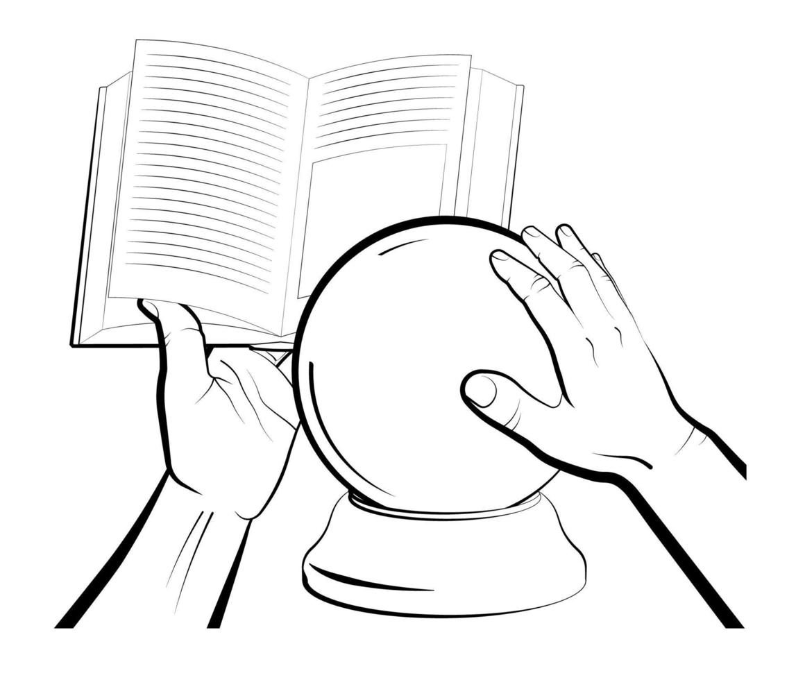 sorcerer is reading a spellbook over a crystal ball. Items and rites of magic and astrology. Isolated vector on white background