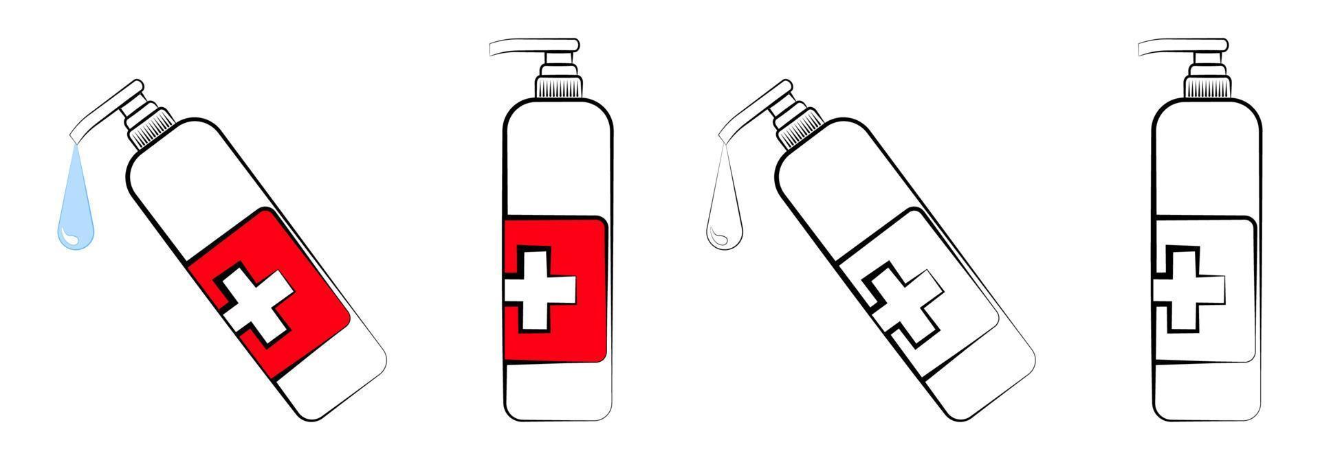 conjunto de iconos, botella de color y blanco y negro con jabón líquido. dosificador de desinfectante. mantener la higiene en una pandemia y la vida diaria. vector aislado sobre fondo blanco