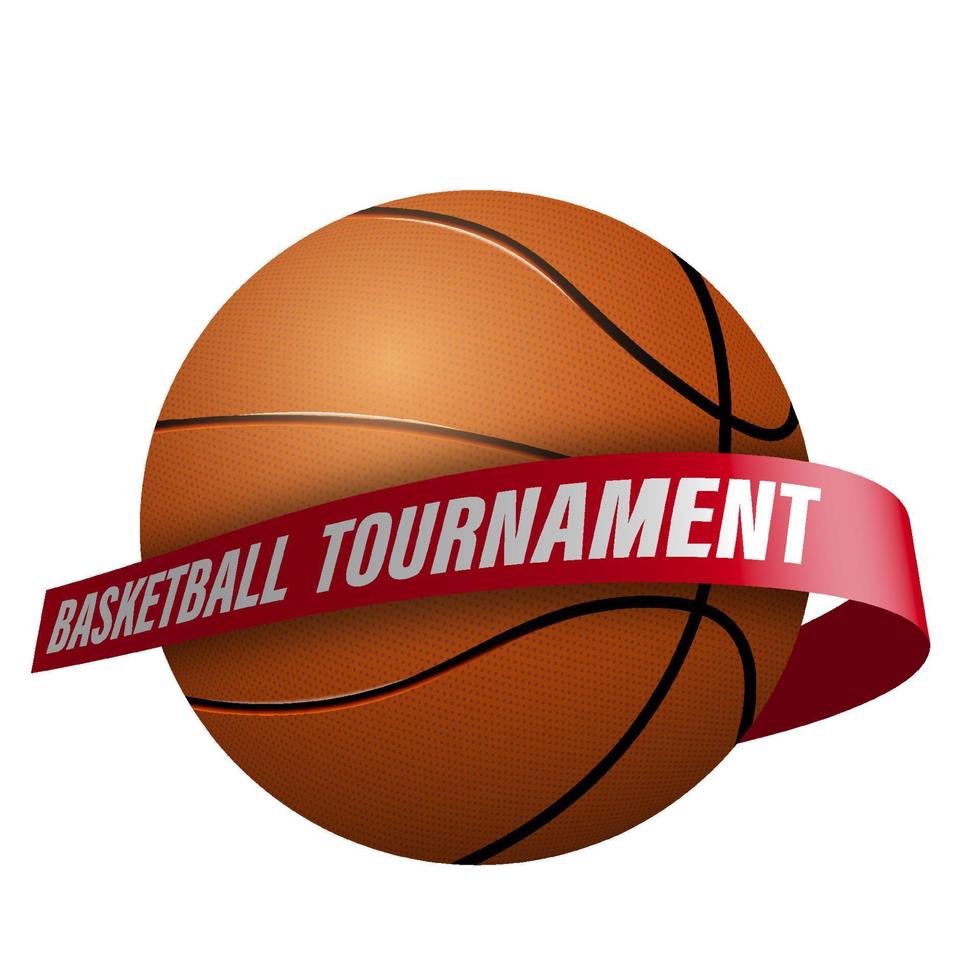 realistic basketball ball with ribbon entwined around. Logo for championship, basketball competition. Team sports, active lifestyle. Isolated vector on white background