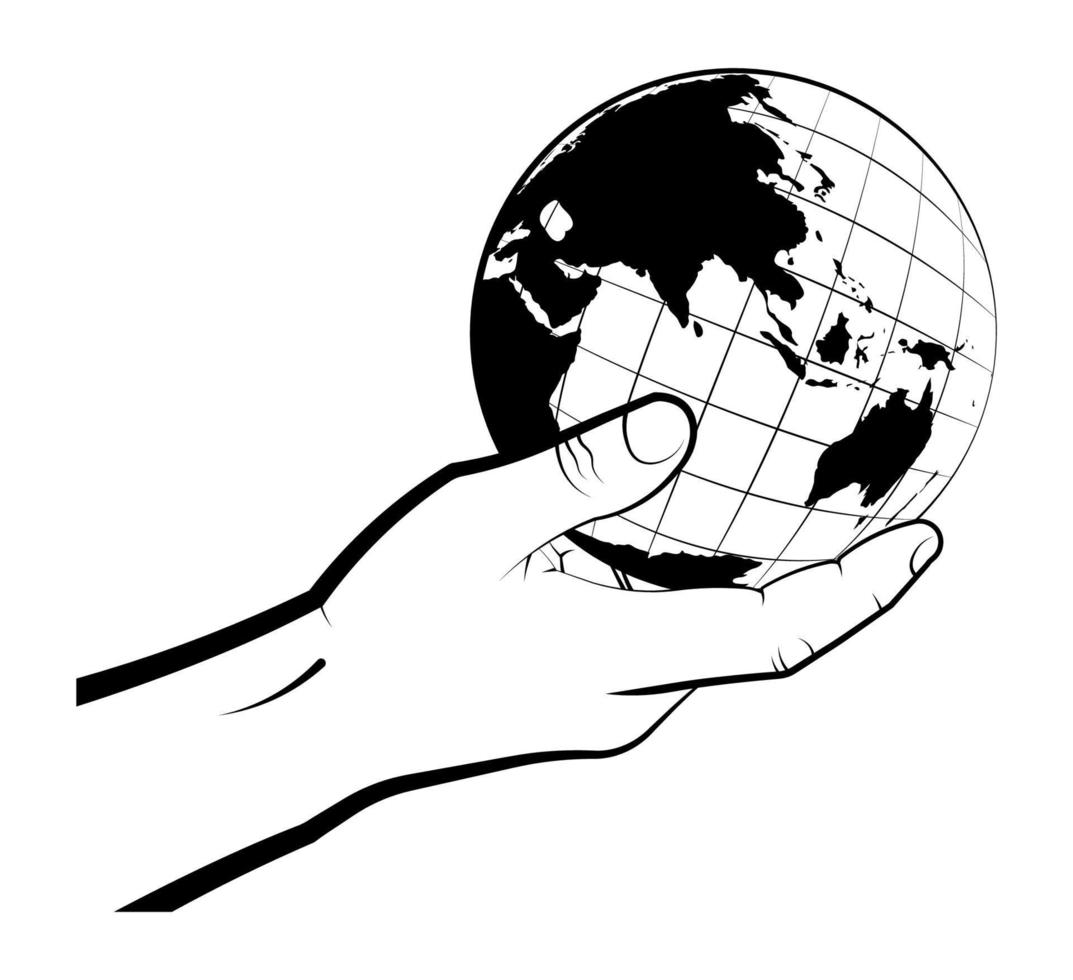 el hombre sostiene cuidadosamente el globo en su mano. elegir un destino para viajar. visión global del mundo. vector aislado sobre fondo blanco