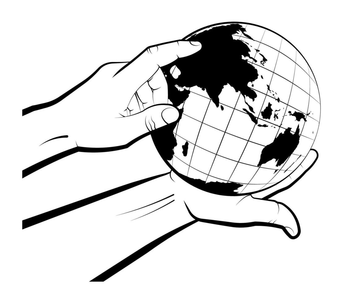 man holds a globe in his palm and points a route point with his finger. Choosing a destination for travel. Global view of the world. Isolated vector on white background