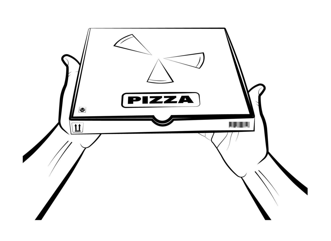 mans manos sostienen una caja cerrada con pizza. cocina italiana. comida a domicilio. vector aislado sobre fondo blanco