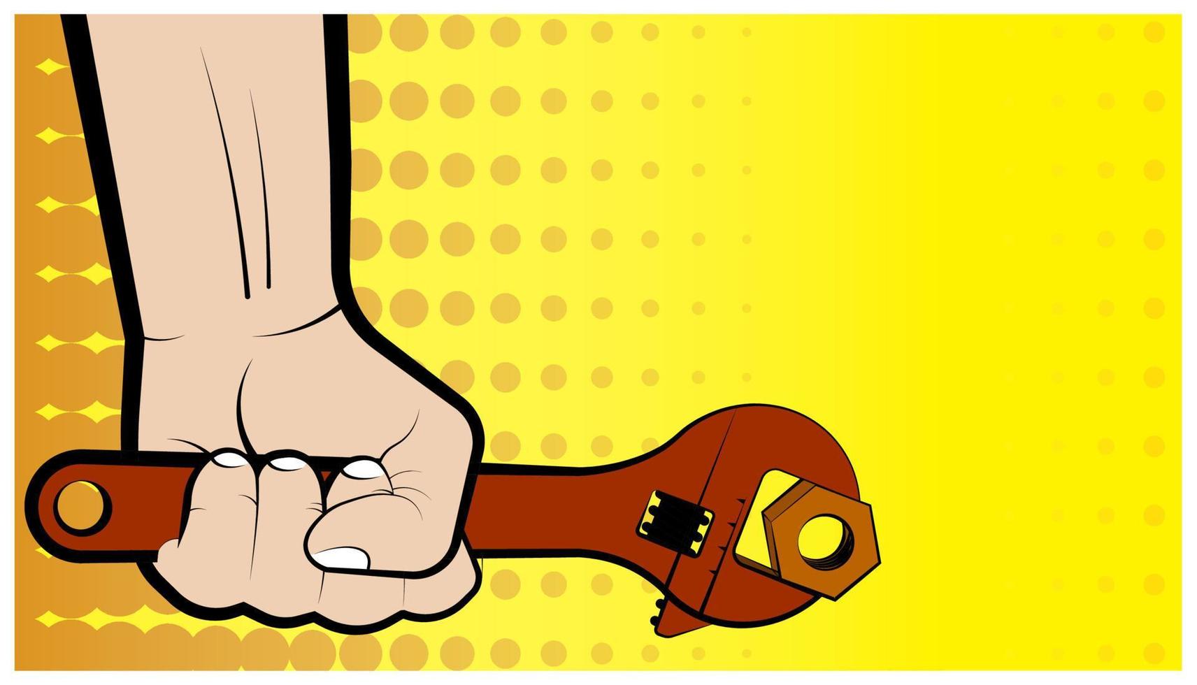 mans hand holds a big wrench. Comic style illustration. Vector