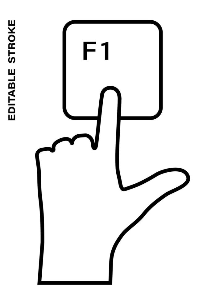 Icon editable stroke, human hand presses the keyboard button F1 with the index finger. Getting help, additional information. Isolated vector on white background