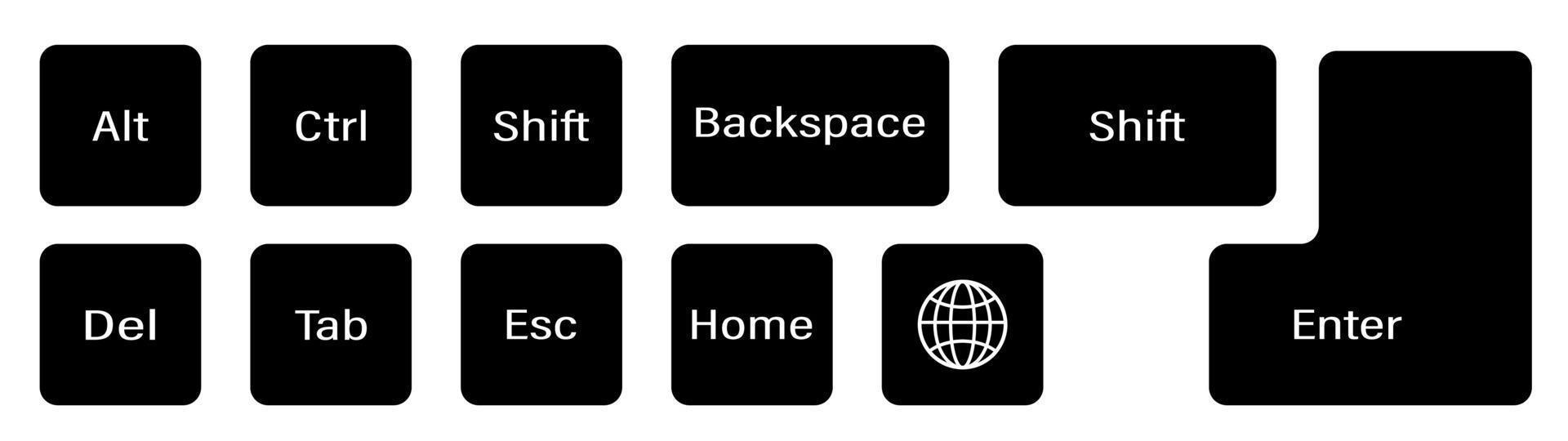 set of additional keyboard keys on a white background. Alt, Ctrl, Enter, Backspace, Esc, globe, Shift. Isolated vector