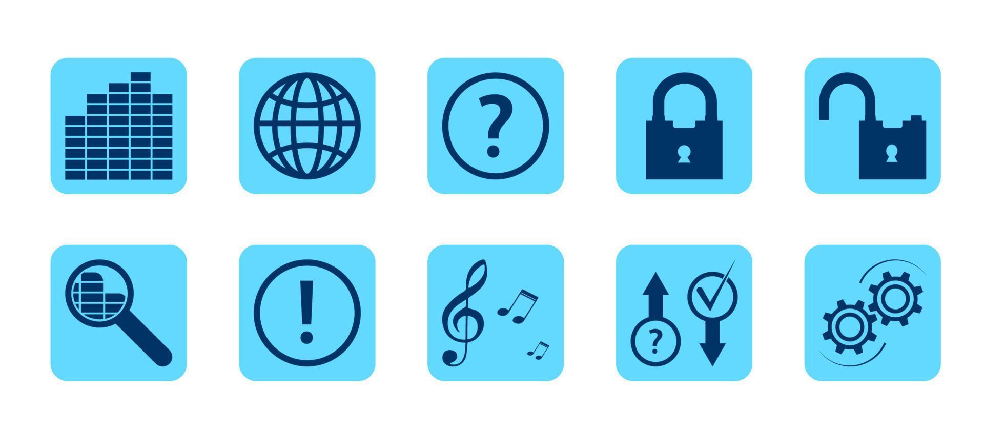 Set of icons with modern technology. Search, download, storage and data protection, remote configuration of devices, multimedia. Vector on a white background