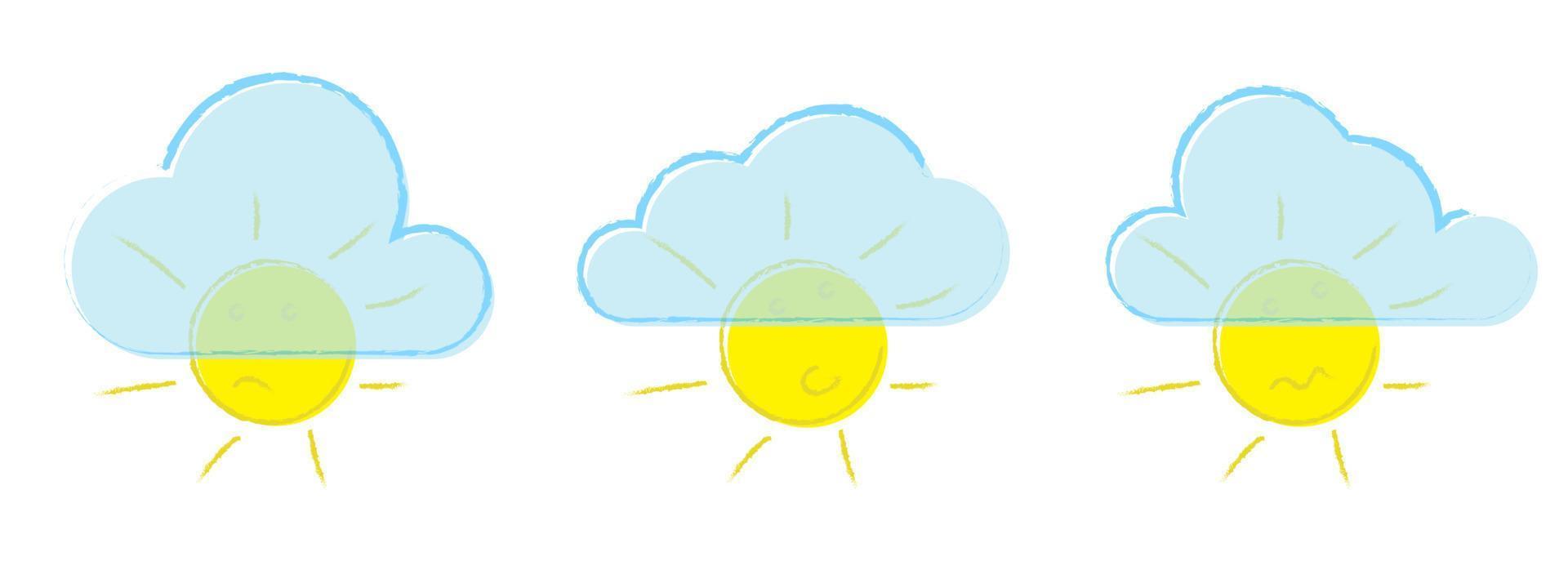 Ponga un sol de verano brillante con diferentes emociones cerradas por nubes, dibujadas a mano en estilo grunge. nublado. elemento de diseño para niños. vector aislado sobre fondo blanco